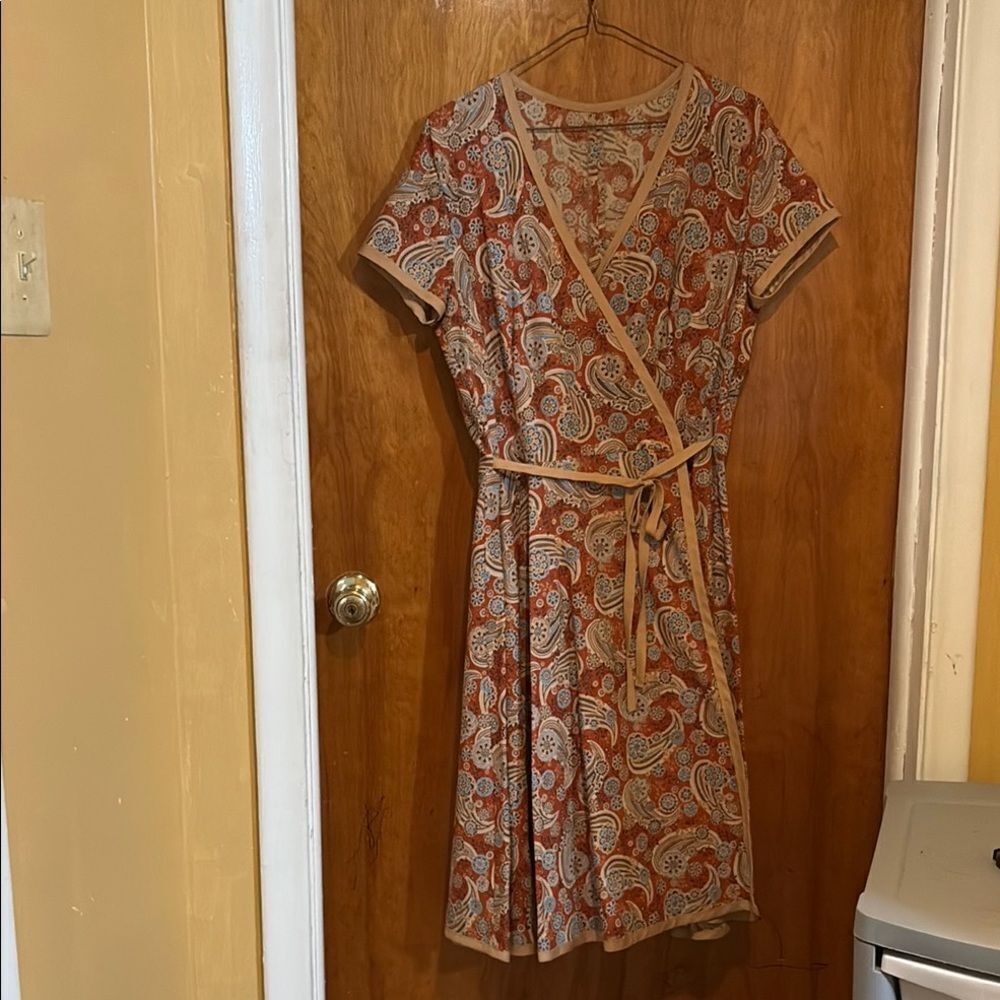 Elegant Paisley Wrap Dress - Orange and Cream